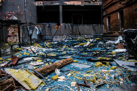 Aftermath of massive Russian missile attacks, debris littering the ground around the Samsung office building. The blast from the explosion sent shards of glass and metal in all directions causing extensive secondary damage, many people were seriously injuのeditorial素材