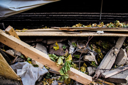 Aftermath of massive Russian missile attacks, debris littering the ground around the Samsung office building. The blast from the explosion sent shards of glass and metal in all directions causing extensive secondary damage, many people were seriously injuのeditorial素材