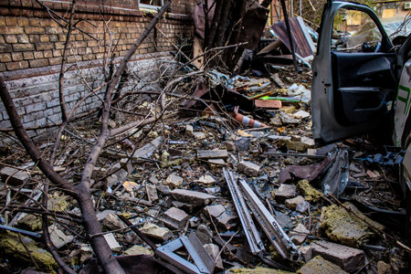 Aftermath of massive Russian missile attacks, debris littering the ground around the Samsung office building. The blast from the explosion sent shards of glass and metal in all directions causing extensive secondary damage, many people were seriously injuのeditorial素材