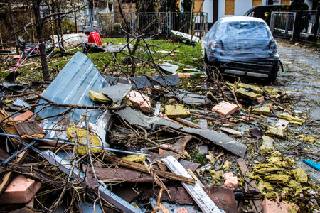 Aftermath of massive Russian missile attacks, debris littering the ground around the Samsung office building. The blast from the explosion sent shards of glass and metal in all directions causing extensive secondary damage, many people were seriously injuのeditorial素材