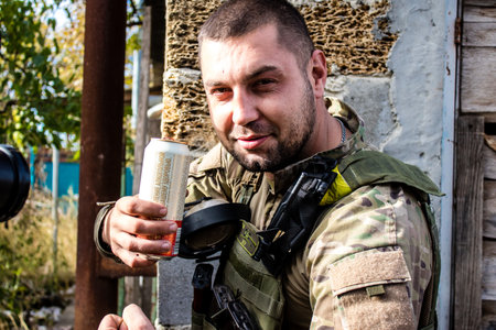 Soldiers have a resting time and enjoy before the attack, Ukrainian army infantry soldiers on the front line, they specialize in mortar fire from enemy lines. Their objective is to weaken the Russian army by permanent fire, their situation is very dangeroのeditorial素材