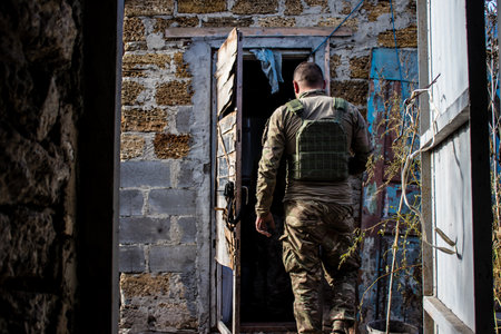Soldiers have a resting time and enjoy before the attack, Ukrainian army infantry soldiers on the front line, they specialize in mortar fire from enemy lines. Their objective is to weaken the Russian army by permanent fire, their situation is very dangeroのeditorial素材