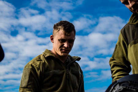 Ukrainian army infantry soldiers on the front line, they specialize in mortar fire from enemy lines. Their objective is to weaken the Russian army by permanent fire, their situation is very dangerous because the Russians retaliate quicklyのeditorial素材
