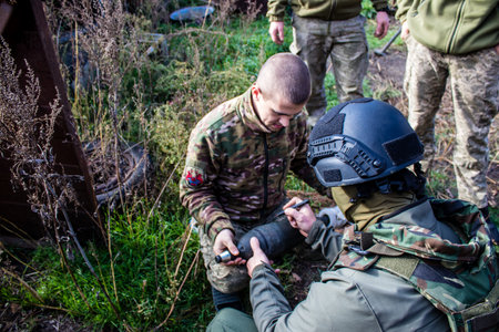 Ukrainian army infantry soldiers on the front line, they specialize in mortar fire from enemy lines. Their objective is to weaken the Russian army by permanent fire, their situation is very dangerous because the Russians retaliate quicklyのeditorial素材
