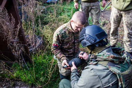 Ukrainian army infantry soldiers on the front line, they specialize in mortar fire from enemy lines. Their objective is to weaken the Russian army by permanent fire, their situation is very dangerous because the Russians retaliate quicklyのeditorial素材