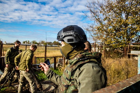 Ukrainian army infantry soldiers on the front line, they specialize in mortar fire from enemy lines. Their objective is to weaken the Russian army by permanent fire, their situation is very dangerous because the Russians retaliate quicklyのeditorial素材