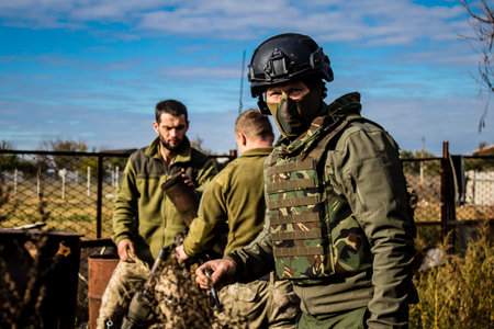 Ukrainian army infantry soldiers on the front line, they specialize in mortar fire from enemy lines. Their objective is to weaken the Russian army by permanent fire, their situation is very dangerous because the Russians retaliate quicklyのeditorial素材