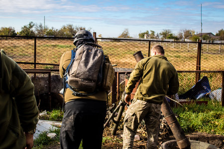 Ukrainian army infantry soldiers on the front line, they specialize in mortar fire from enemy lines. Their objective is to weaken the Russian army by permanent fire, their situation is very dangerous because the Russians retaliate quicklyのeditorial素材