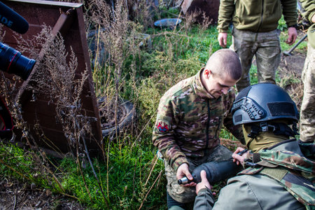 Ukrainian army infantry soldiers on the front line, they specialize in mortar fire from enemy lines. Their objective is to weaken the Russian army by permanent fire, their situation is very dangerous because the Russians retaliate quicklyのeditorial素材