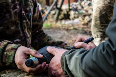 Ukrainian army infantry soldiers on the front line, they specialize in mortar fire from enemy lines. Their objective is to weaken the Russian army by permanent fire, their situation is very dangerous because the Russians retaliate quicklyのeditorial素材