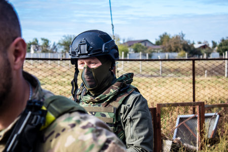 Ukrainian army infantry soldiers on the front line, they specialize in mortar fire from enemy lines. Their objective is to weaken the Russian army by permanent fire, their situation is very dangerous because the Russians retaliate quicklyのeditorial素材