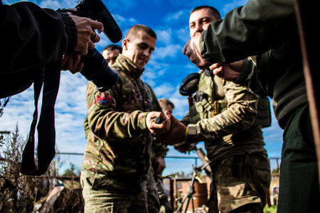 Ukrainian army infantry soldiers on the front line, they specialize in mortar fire from enemy lines. Their objective is to weaken the Russian army by permanent fire, their situation is very dangerous because the Russians retaliate quicklyのeditorial素材