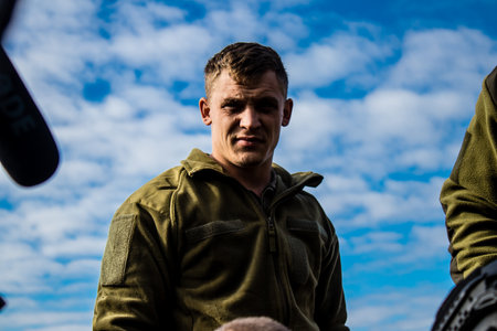 Ukrainian army infantry soldiers on the front line, they specialize in mortar fire from enemy lines. Their objective is to weaken the Russian army by permanent fire, their situation is very dangerous because the Russians retaliate quicklyのeditorial素材