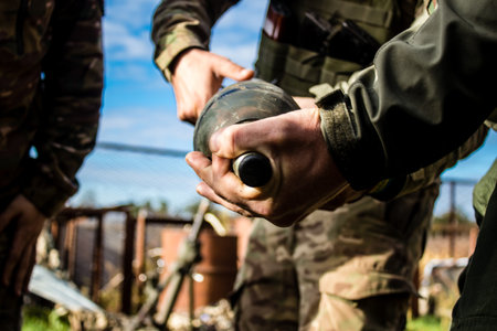 Ukrainian army infantry soldiers on the front line, they specialize in mortar fire from enemy lines. Their objective is to weaken the Russian army by permanent fire, their situation is very dangerous because the Russians retaliate quicklyのeditorial素材