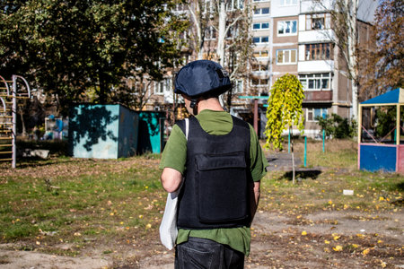 Portrait of Matej Sulc, a famous Slovak television journalist working in a team with Tomas Davidov in the city of Bakhmut, covering the war under the bombardments, this journalist was in the conflict zone and provided direct information on the situation. のeditorial素材