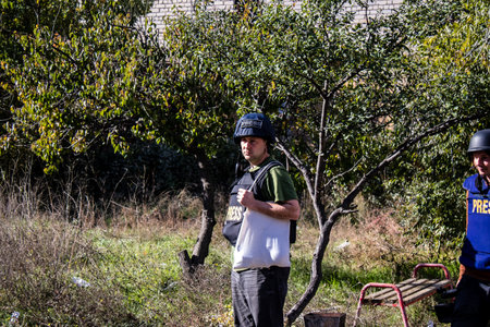 Portrait of Matej Sulc, a famous Slovak television journalist working in a team with Tomas Davidov in the city of Bakhmut, covering the war under the bombardments, this journalist was in the conflict zone and provided direct information on the situation. のeditorial素材