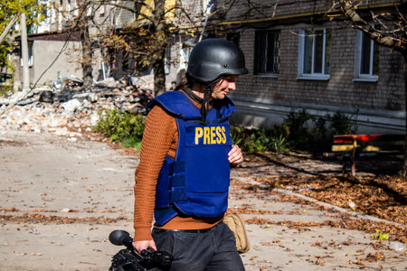 Portrait of Tomas Davidov, a famous Slovak television journalist working in a team with Matej Sulc in the city of Bakhmut, covering the war under the bombardments, this journalist was in the conflict zone and provided direct information on the situation. のeditorial素材