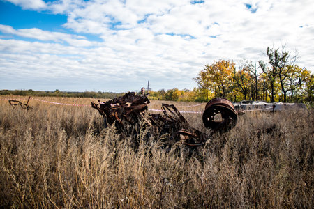 Battlefield near Kherson in Ukraine, after the Russian army has undergone a defeat, the Ukrainian offensive was a success and numerous Russian lossのeditorial素材