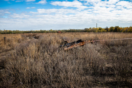 Battlefield near Kherson in Ukraine, after the Russian army has undergone a defeat, the Ukrainian offensive was a success and numerous Russian lossのeditorial素材