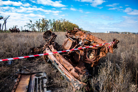 Battlefield near Kherson in Ukraine, after the Russian army has undergone a defeat, the Ukrainian offensive was a success and numerous Russian lossのeditorial素材