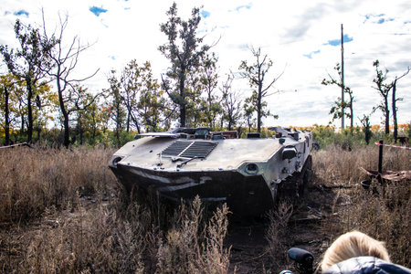 Battlefield near Kherson in Ukraine, after the Russian army has undergone a defeat, the Ukrainian offensive was a success and numerous Russian lossのeditorial素材