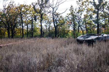 Battlefield near Kherson in Ukraine, after the Russian army has undergone a defeat, the Ukrainian offensive was a success and numerous Russian lossのeditorial素材