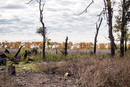 Battlefield near Kherson in Ukraine, after the Russian army has undergone a defeat, the Ukrainian offensive was a success and numerous Russian lossのeditorial素材