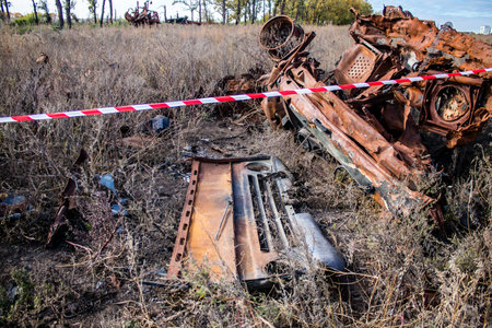 Battlefield near Kherson in Ukraine, after the Russian army has undergone a defeat, the Ukrainian offensive was a success and numerous Russian lossのeditorial素材