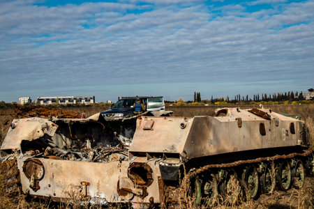 Battlefield near Kherson in Ukraine, after the Russian army has undergone a defeat, the Ukrainian offensive was a success and numerous Russian lossのeditorial素材