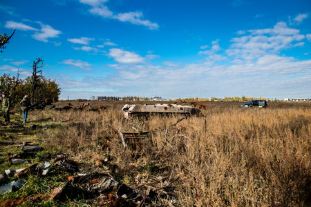 Battlefield near Kherson in Ukraine, after the Russian army has undergone a defeat, the Ukrainian offensive was a success and numerous Russian lossのeditorial素材