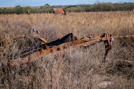 Battlefield near Kherson in Ukraine, after the Russian army has undergone a defeat, the Ukrainian offensive was a success and numerous Russian lossのeditorial素材