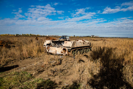 Battlefield near Kherson in Ukraine, after the Russian army has undergone a defeat, the Ukrainian offensive was a success and numerous Russian lossのeditorial素材