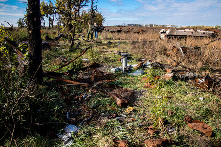 Battlefield near Kherson in Ukraine, after the Russian army has undergone a defeat, the Ukrainian offensive was a success and numerous Russian lossのeditorial素材