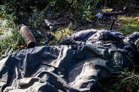 Battlefield near Kherson in Ukraine, after the Russian army has undergone a defeat, the Ukrainian offensive was a success and numerous Russian lossのeditorial素材