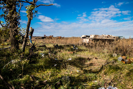 Battlefield near Kherson in Ukraine, after the Russian army has undergone a defeat, the Ukrainian offensive was a success and numerous Russian lossのeditorial素材