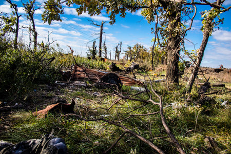 Battlefield near Kherson in Ukraine, after the Russian army has undergone a defeat, the Ukrainian offensive was a success and numerous Russian lossのeditorial素材
