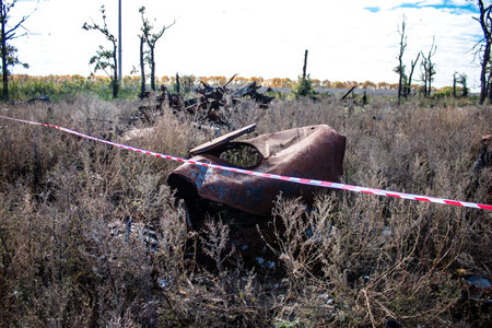 Battlefield near Kherson in Ukraine, after the Russian army has undergone a defeat, the Ukrainian offensive was a success and numerous Russian lossのeditorial素材