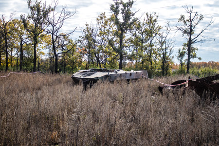 Battlefield near Kherson in Ukraine, after the Russian army has undergone a defeat, the Ukrainian offensive was a success and numerous Russian lossのeditorial素材