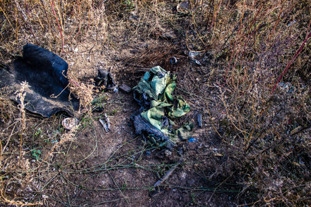 Battlefield near Kherson in Ukraine, after the Russian army has undergone a defeat, the Ukrainian offensive was a success and numerous Russian lossのeditorial素材