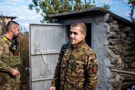 Soldiers have a resting time and enjoy before the attack, Ukrainian army infantry soldiers on the front line, they specialize in mortar fire from enemy lines. Their objective is to weaken the Russian army by permanent fire, their situation is very dangeroのeditorial素材