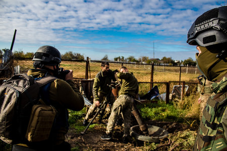 Ukrainian army infantry soldiers on the front line, they specialize in mortar fire from enemy lines. Their objective is to weaken the Russian army by permanent fire, their situation is very dangerous because the Russians retaliate quicklyのeditorial素材