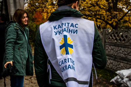 Home delivery of supplies by truck in Dnipro area to a family. Caritas Ukraine provides humanitarian aid and supports communities affected by the long-term impacts of the conflict, including emergency supplies, education and healthcareのeditorial素材