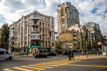 Cityscape and architecture of the city of Kyiv during the war with Russia, the historic and modern buildings of Kyiv are the target of Russian missiles and the sirens sound every dayのeditorial素材