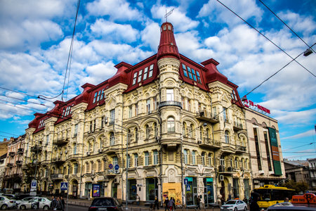 Cityscape and architecture of the city of Kyiv during the war with Russia, the historic and modern buildings of Kyiv are the target of Russian missiles and the sirens sound every dayのeditorial素材