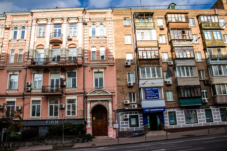 Cityscape and architecture of the city of Kyiv during the war with Russia, the historic and modern buildings of Kyiv are the target of Russian missiles and the sirens sound every dayのeditorial素材