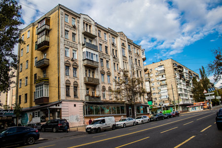 Cityscape and architecture of the city of Kyiv during the war with Russia, the historic and modern buildings of Kyiv are the target of Russian missiles and the sirens sound every dayのeditorial素材