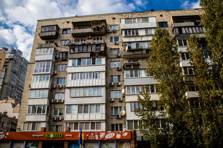 Cityscape and architecture of the city of Kyiv during the war with Russia, the historic and modern buildings of Kyiv are the target of Russian missiles and the sirens sound every dayのeditorial素材