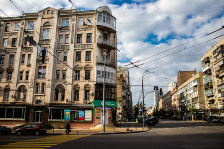 Cityscape and architecture of the city of Kyiv during the war with Russia, the historic and modern buildings of Kyiv are the target of Russian missiles and the sirens sound every dayのeditorial素材