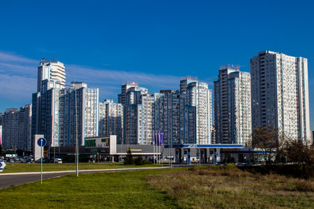 Cityscape and architecture of the city of Kyiv during the war with Russia, the historic and modern buildings of Kyiv are the target of Russian missiles and the sirens sound every dayのeditorial素材