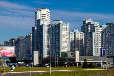Cityscape and architecture of the city of Kyiv during the war with Russia, the historic and modern buildings of Kyiv are the target of Russian missiles and the sirens sound every dayのeditorial素材
